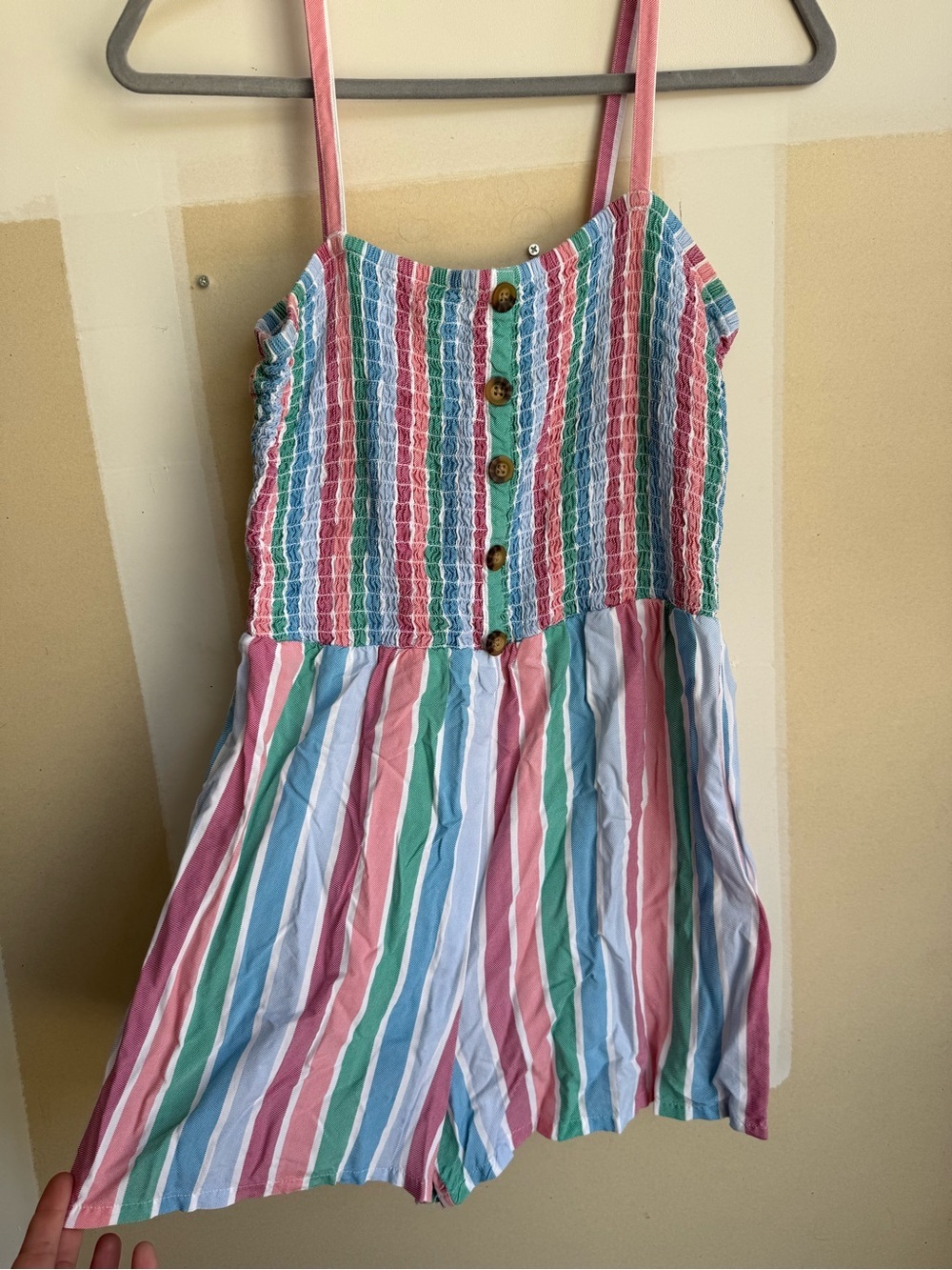 Arizona Jean Company Pastel Striped Smocked Romper - Pink, Blue, Green, White